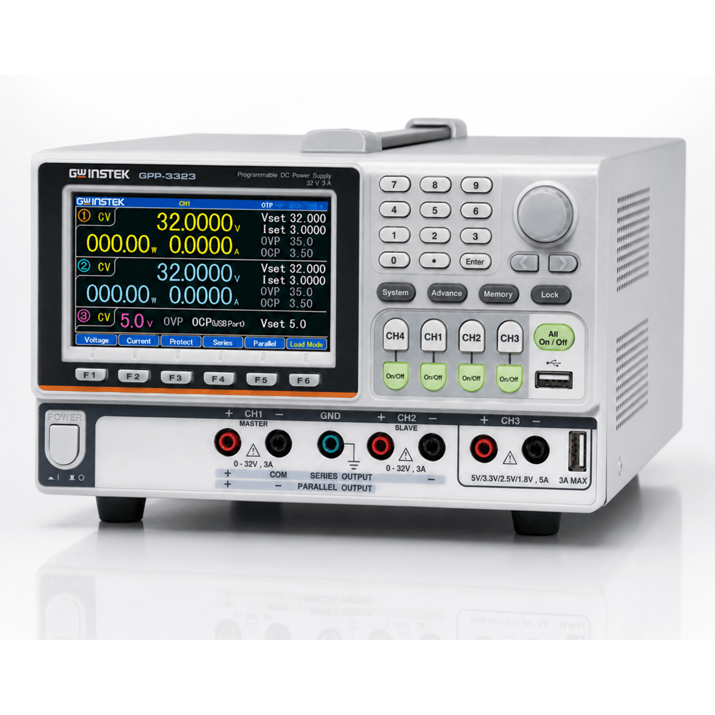 GPP-3323  Three Channel（CH1：0~32V / 0~3A，CH2：0~32V / 0 ~3A，CH3：1.8V，2.5V，3.3V，5.0V / 5A）、